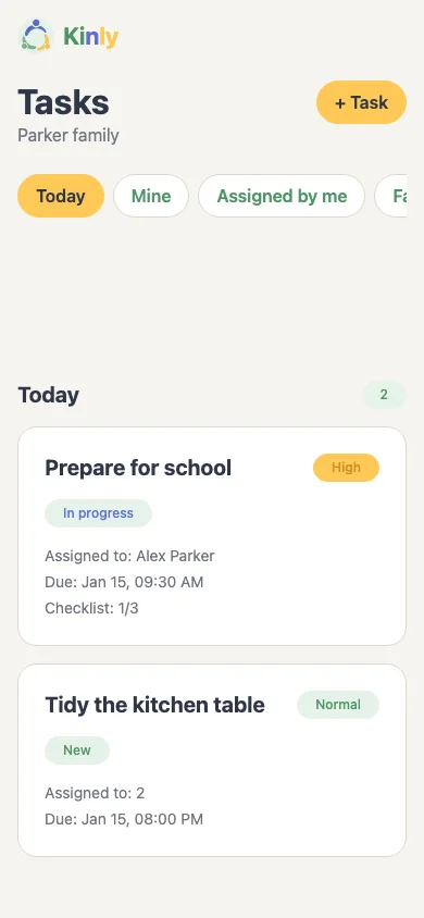 Kinly Tasks screen showing tasks and assignees.