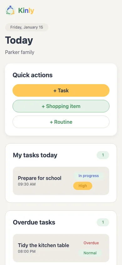 Kinly Today screen showing a task list.